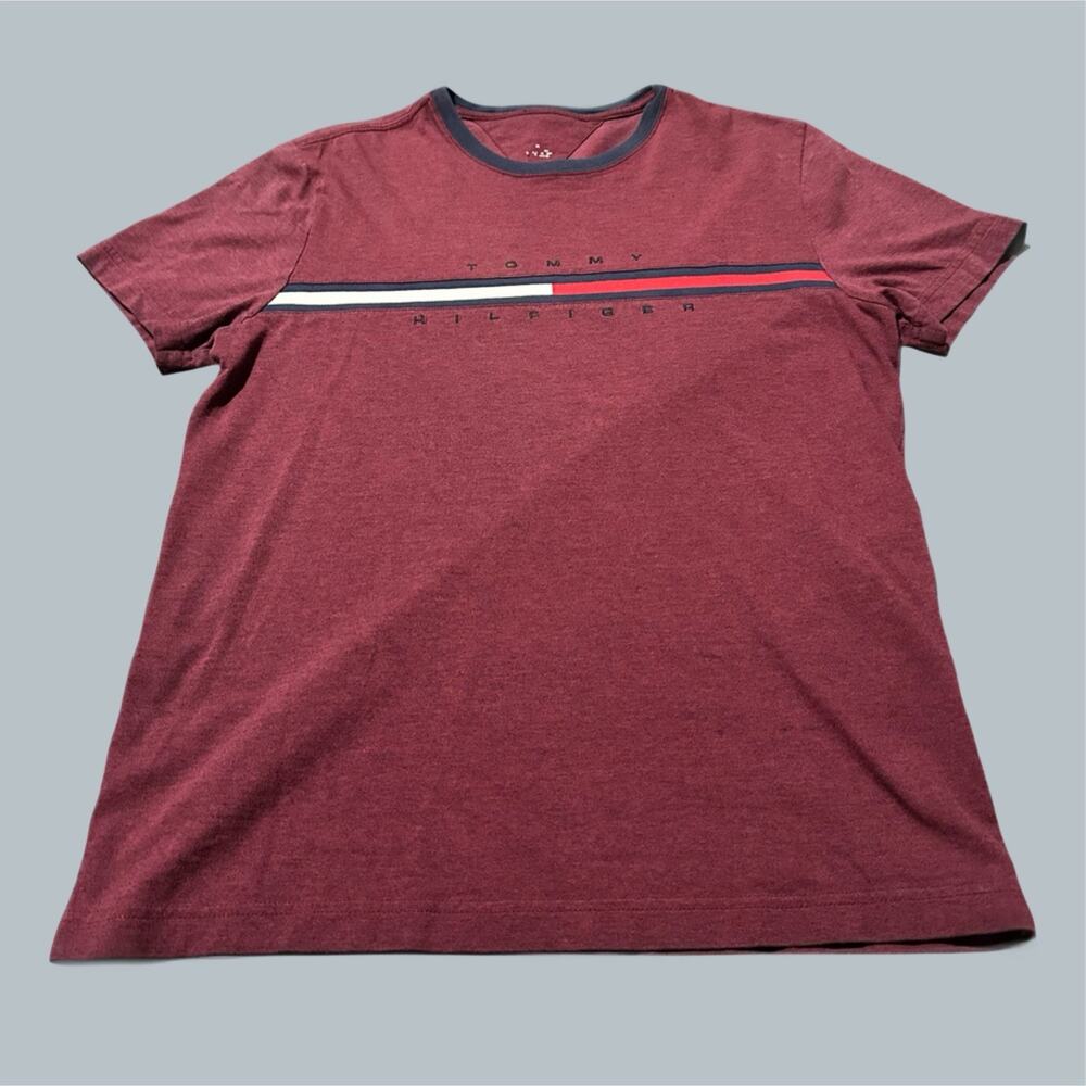Women’s Tommy Hilfiger Red Navy T-Shirt Top medium cotton logo burgundy simple